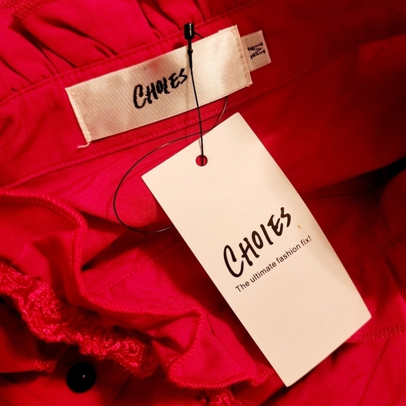 NWT Choies Red Frilly Victorian Button Shirt Women's Medium M High Coĺlar New - Picture 6 of 6